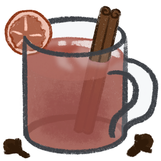 a glass mug containing a red drink. In the drink is a stick of cinnamon and a dried orange on the rim of the mug. Around the mug are two cloves.